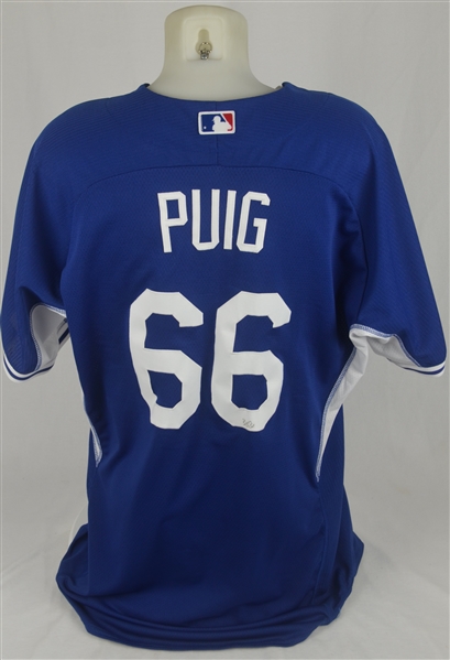 Yasiel Puig 2015 Los Angeles Dodgers Game Used BP Jersey w/Dave Miedema LOA