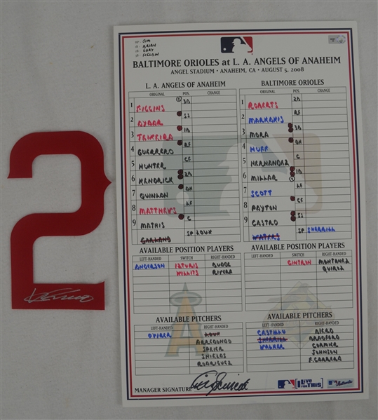 Vladamir Guerrero Autographed Replica Jersey Number #5 & Game Used 2008 Angels Lineup Card Signed by Mike Scioscia 