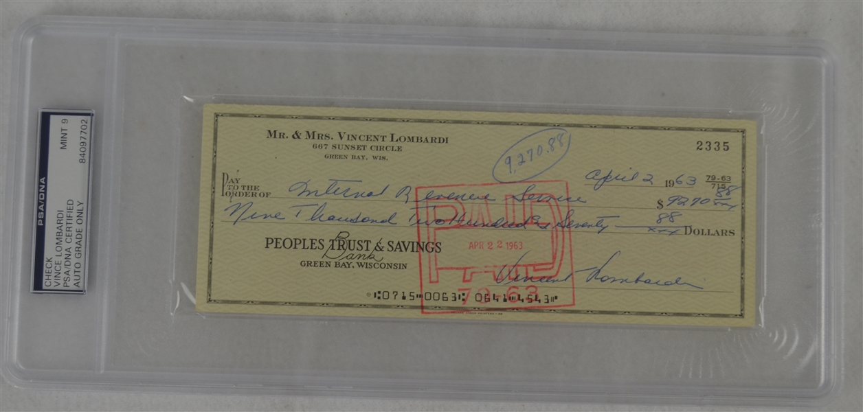 Vince Lombardi Signed Personal Check #2335 PSA/DNA 9 Mint