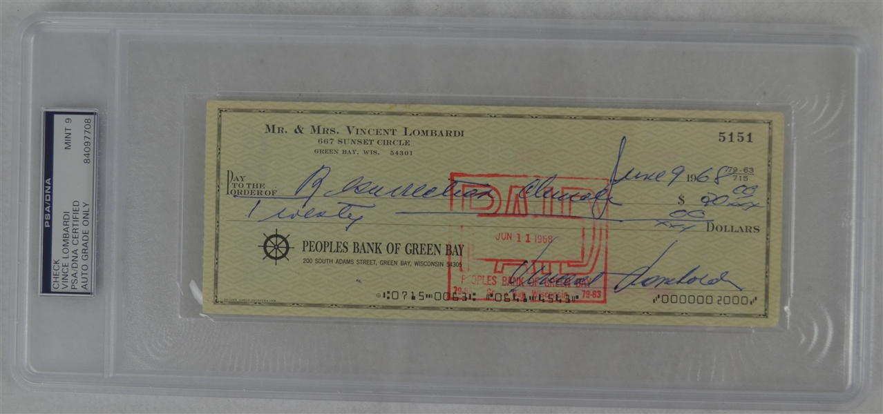 Vince Lombardi Signed Personal Check #5151 PSA/DNA 9 Mint