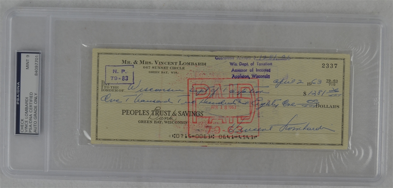 Vince Lombardi Signed Personal Check #2337 PSA/DNA 9 Mint