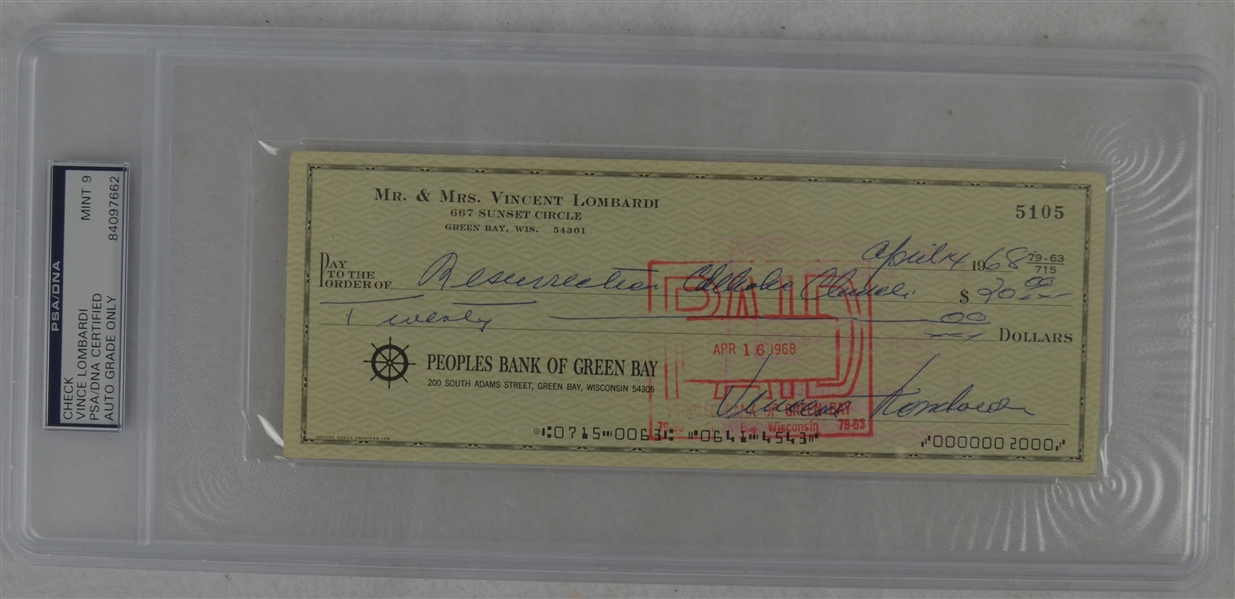 Vince Lombardi Signed Personal Check #5105 PSA/DNA 9 Mint 