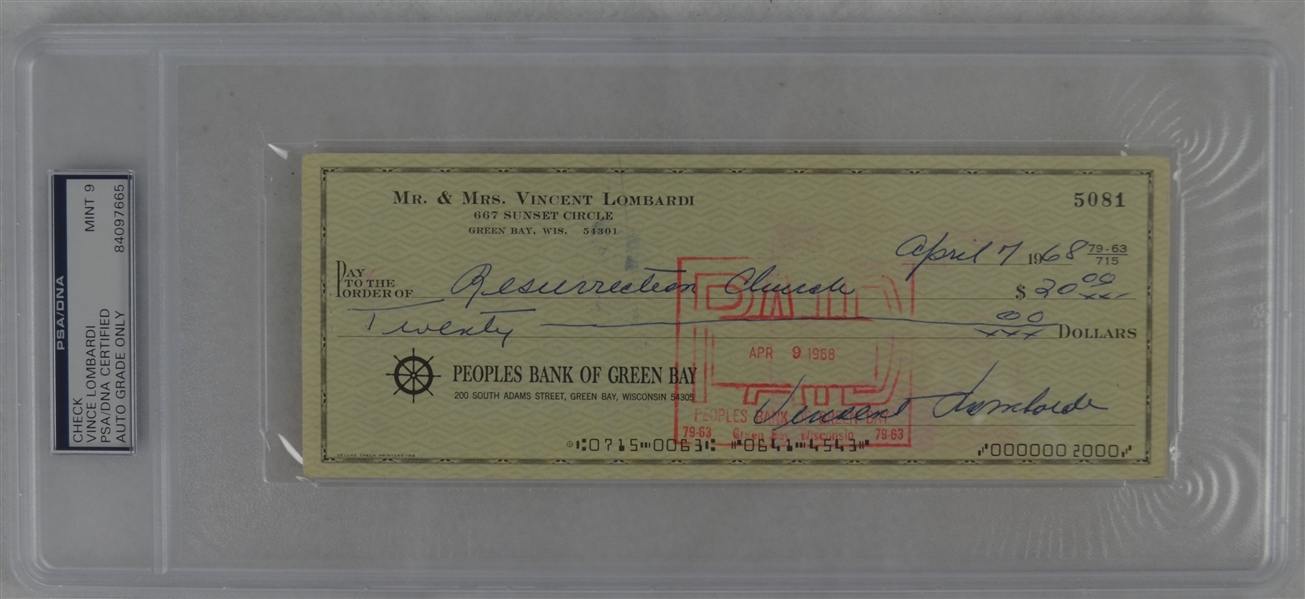 Vince Lombardi Signed Personal Check #5081 PSA/DNA 9 Mint