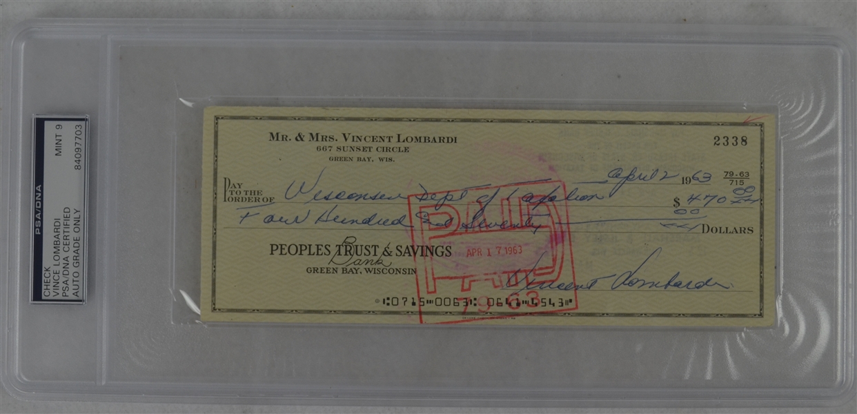 Vince Lombardi Signed Personal Check #2338 PSA/DNA 9 Mint