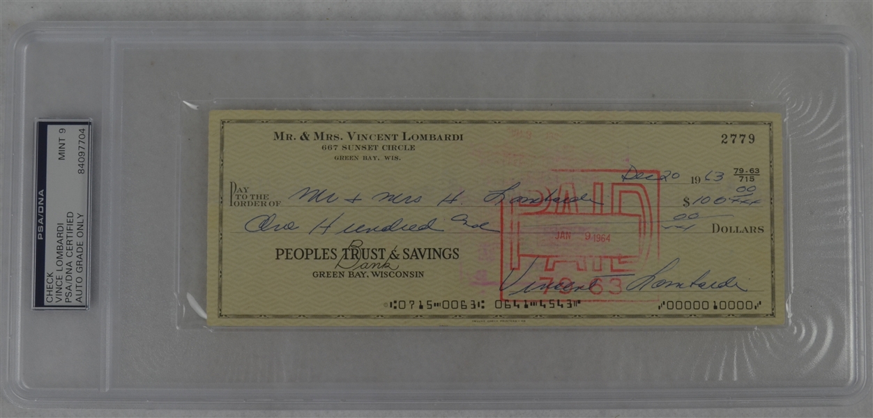 Vince Lombardi Signed Personal Check #2779 PSA/DNA 9 Mint