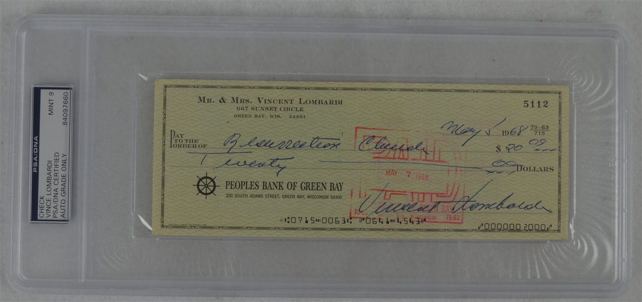 Vince Lombardi Signed Personal Check #5112 PSA/DNA 9 Mint