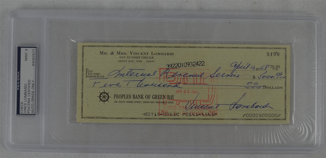 Vince Lombardi Signed Personal Check #5100 PSA/DNA 9 Mint