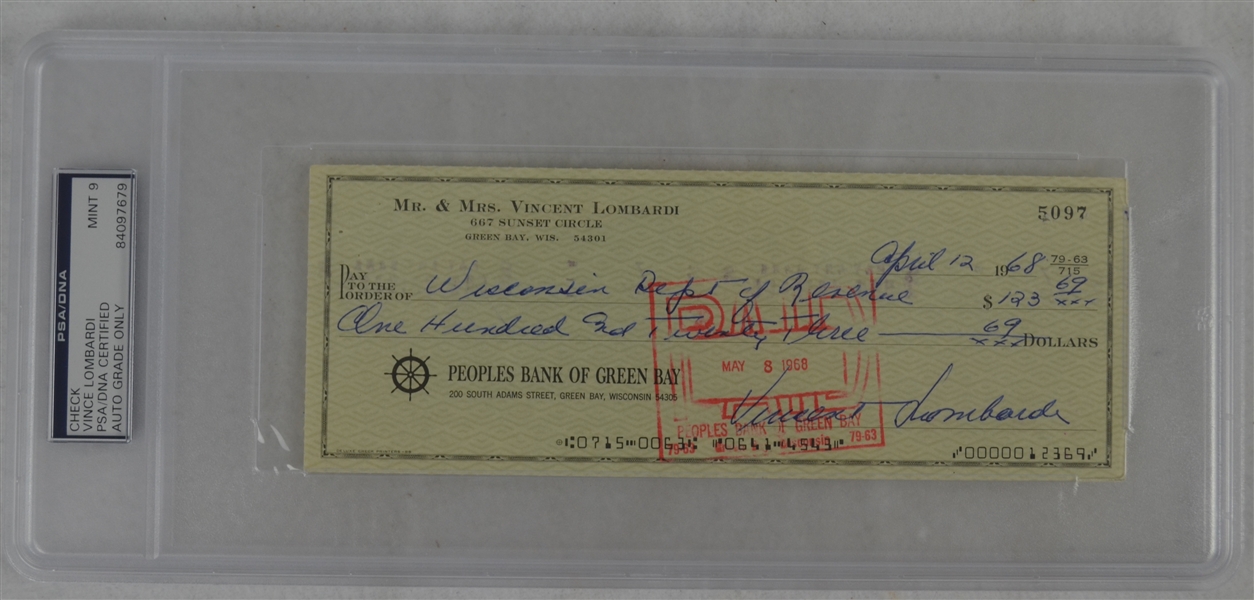 Vince Lombardi Signed Personal Check #5097 PSA/DNA 9 Mint