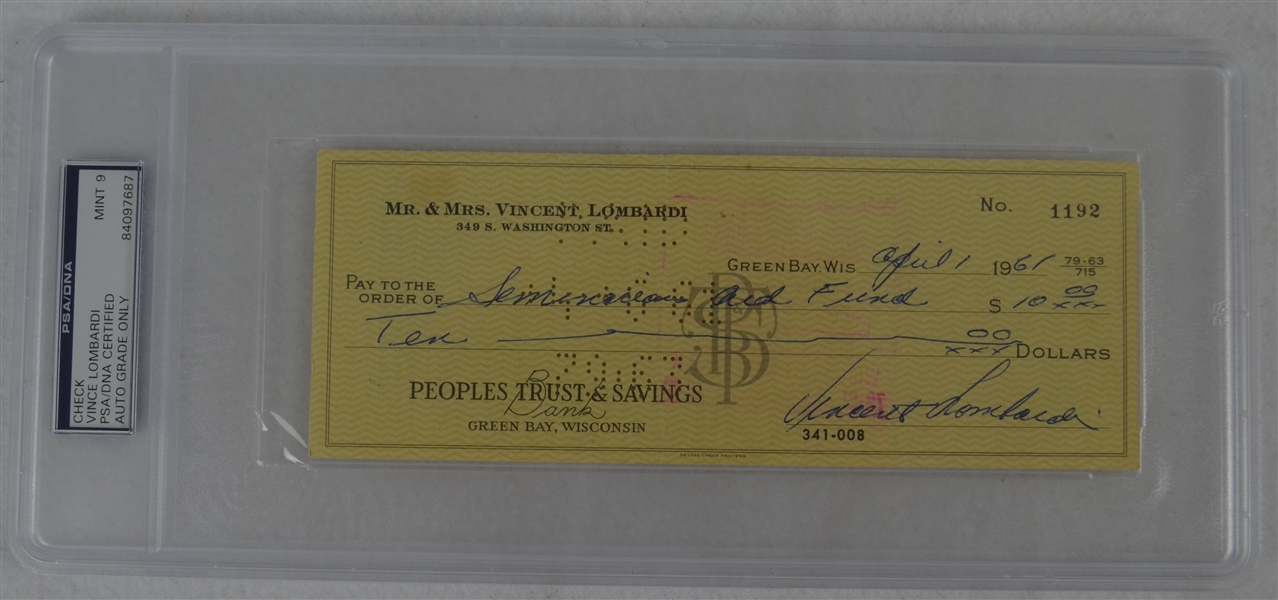 Vince Lombardi Signed Personal Check #1192 PSA/DNA 9 Mint