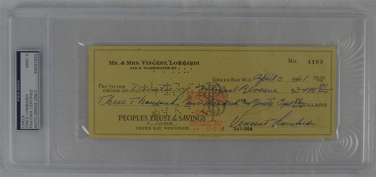 Vince Lombardi Signed Personal Check #1163 PSA/DNA 9 Mint