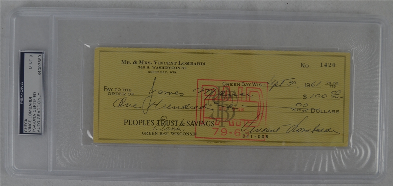 Vince Lombardi Signed Personal Check #1420 PSA/DNA 9 Mint