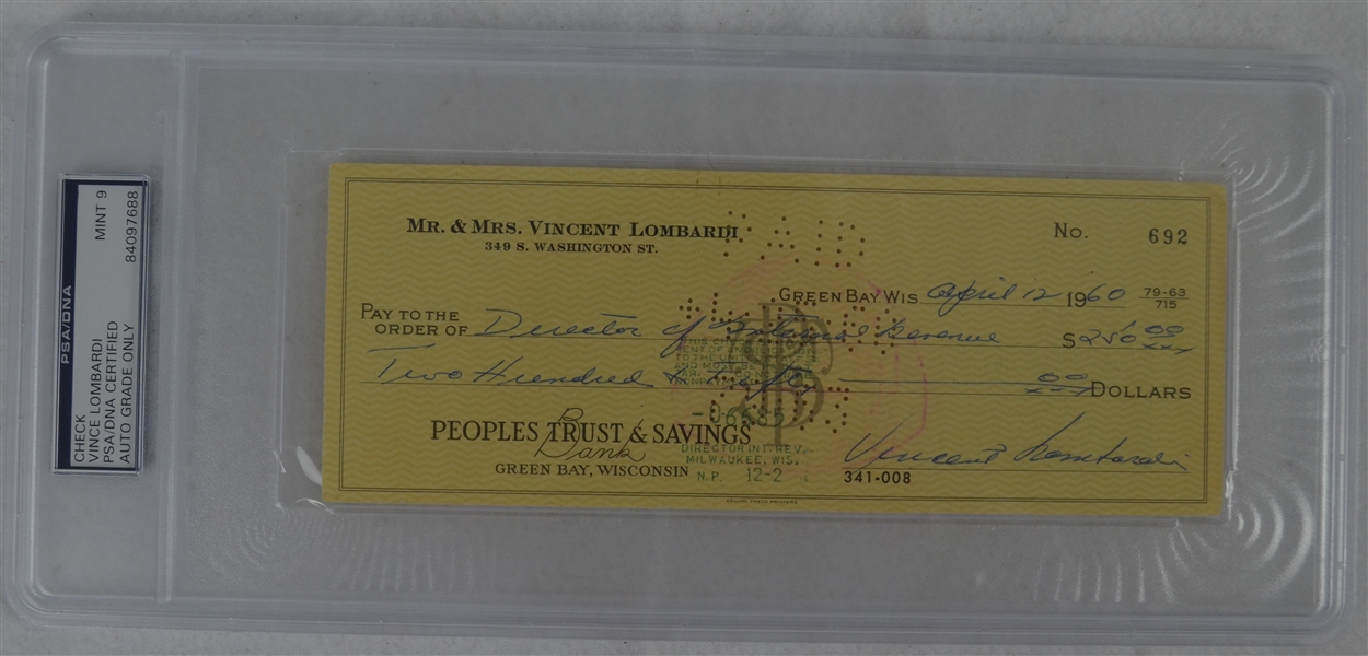 Vince Lombardi Signed Personal Check #692 PSA/DNA 9 Mint