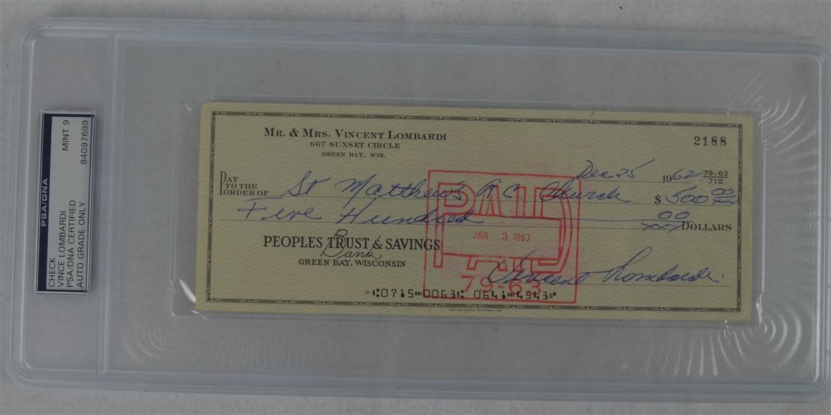 Vince Lombardi Signed Personal Check #2188 PSA/DNA 9 Mint