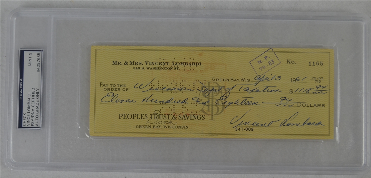 Vince Lombardi Signed Personal Check #1165 PSA/DNA 9 Mint