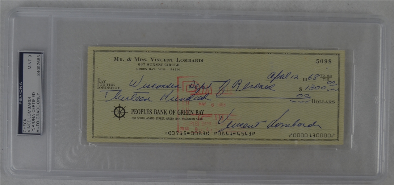 Vince Lombardi Signed Personal Check #5098 PSA/DNA 9 Mint