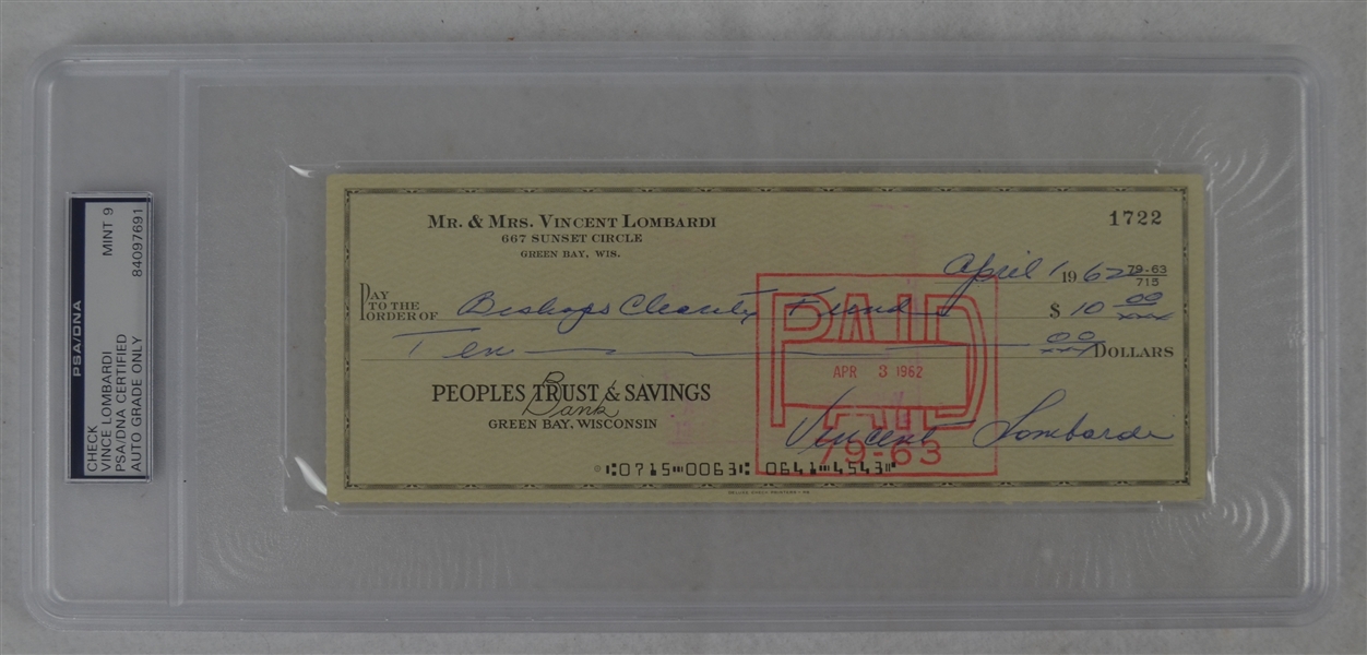 Vince Lombardi Signed Personal Check #1722 PSA/DNA 9 Mint