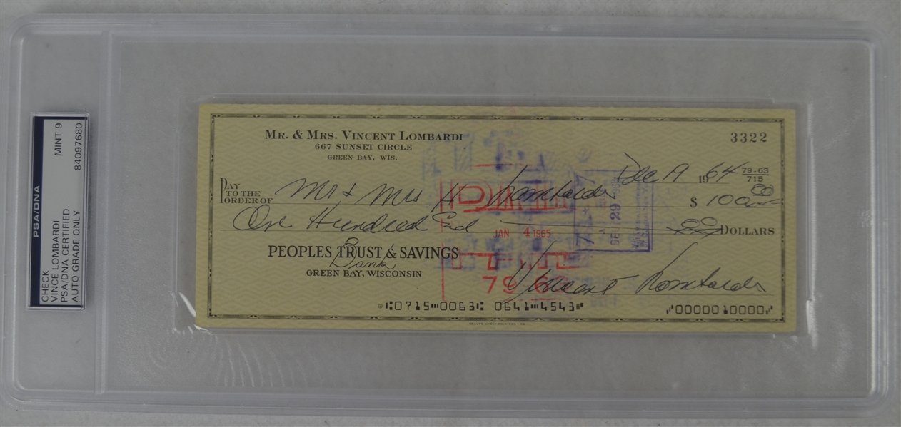 Vince Lombardi Signed Personal Check #3322 PSA/DNA 9 Mint