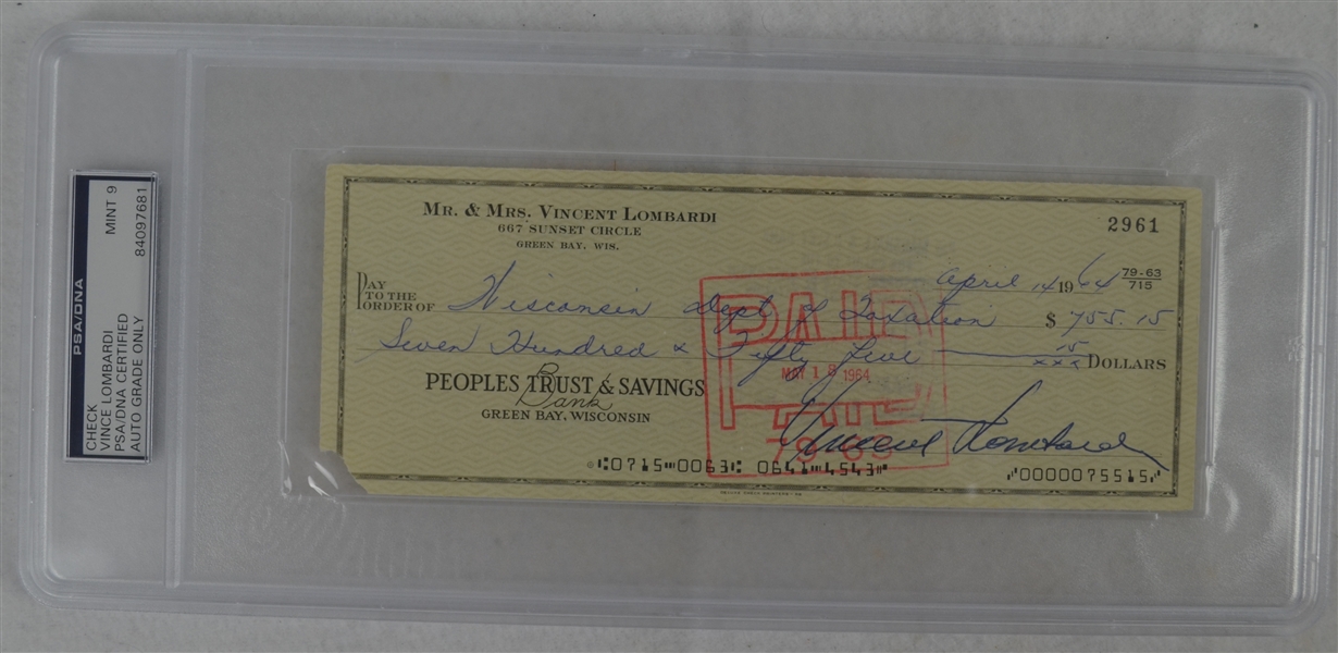 Vince Lombardi Signed Personal Check #2961 PSA/DNA 9 Mint