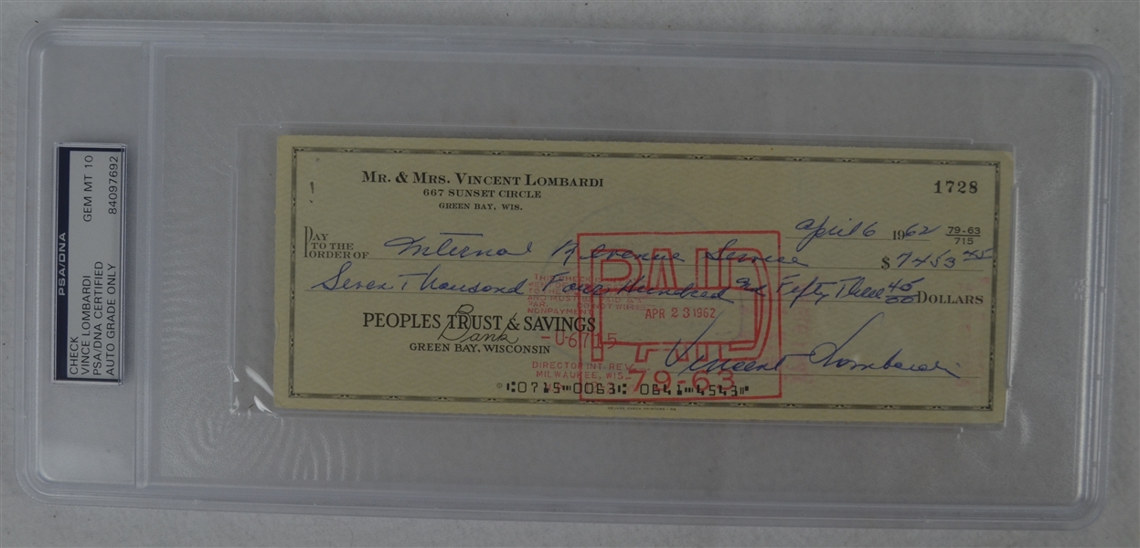 Vince Lombardi Signed Personal Check #1728 PSA/DNA 10 Gem Mint