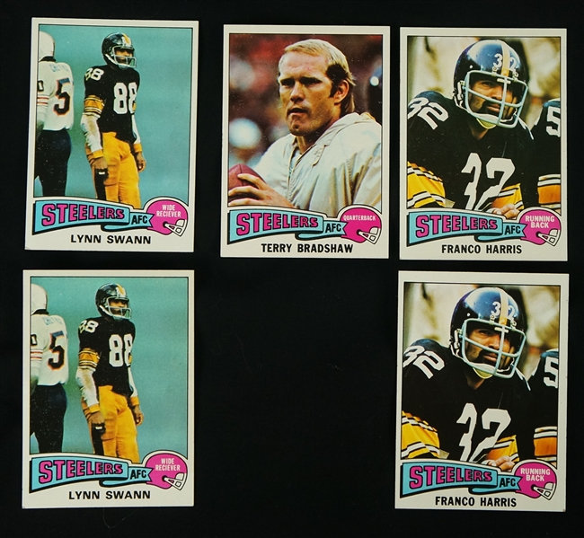 Collection of 5 Franco Harris Terry Bradshaw & Lynn Swann 1975 Topps Rookie Cards 