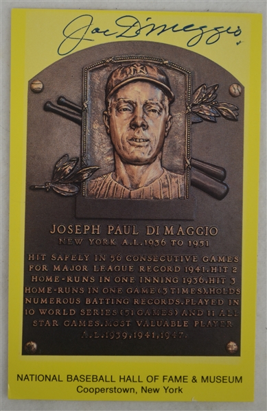 Joe DiMaggio Autographed HOF Yellow Plaque Postcard
