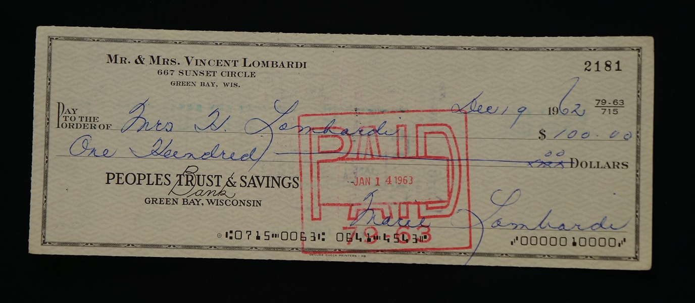 Mrs. Vince Lombardi Signed Check Dated December 19th 1962 