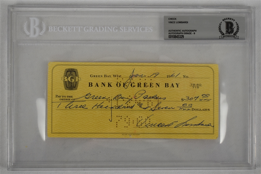 Vince Lombardi Signed 1961 Personal Check BGS Authentic From 1st NFL Championship Season *Made Out to the Green Bay Packers* 