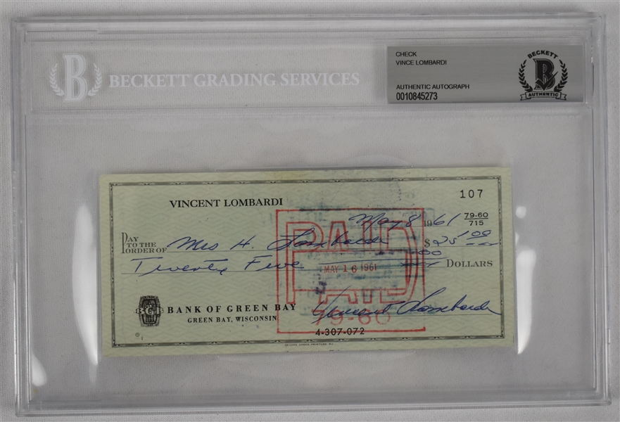 Vince Lombardi Signed 1961 Personal Check #107 BGS Authentic From 1st NFL Championship Season *Twice Signed Lombardi*