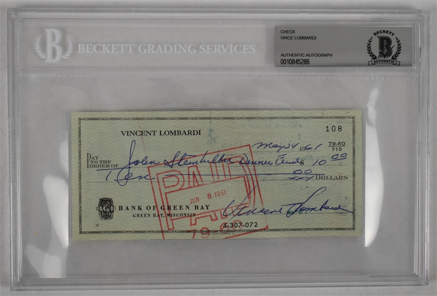 Vince Lombardi Signed 1961 Personal Check #108 BGS Authentic From 1st NFL Championship Season