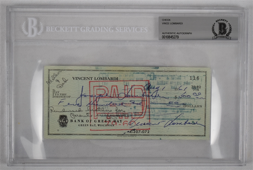 Vince Lombardi Signed 1961 Personal Check #116 BGS Authentic From 1st NFL Championship Season *Twice Signed Lombardi*