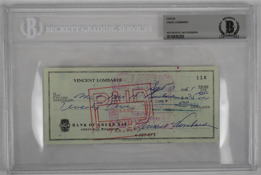 Vince Lombardi Signed 1961 Personal Check #118 BGS Authentic From 1st NFL Championship Season *Twice Signed Lombardi*