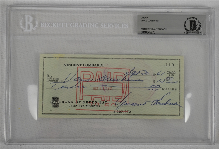 Vince Lombardi Signed 1961 Personal Check #119 BGS Authentic From 1st NFL Championship Season