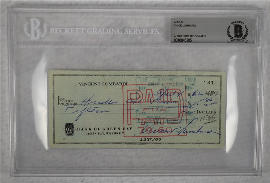 Vince Lombardi Signed 1962 Personal Check #131 BGS Authentic From 2nd NFL Championship Season