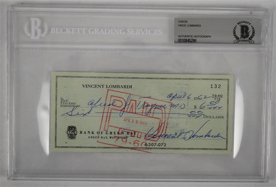 Vince Lombardi Signed 1962 Personal Check #132 BGS Authentic From 2nd NFL Championship Season