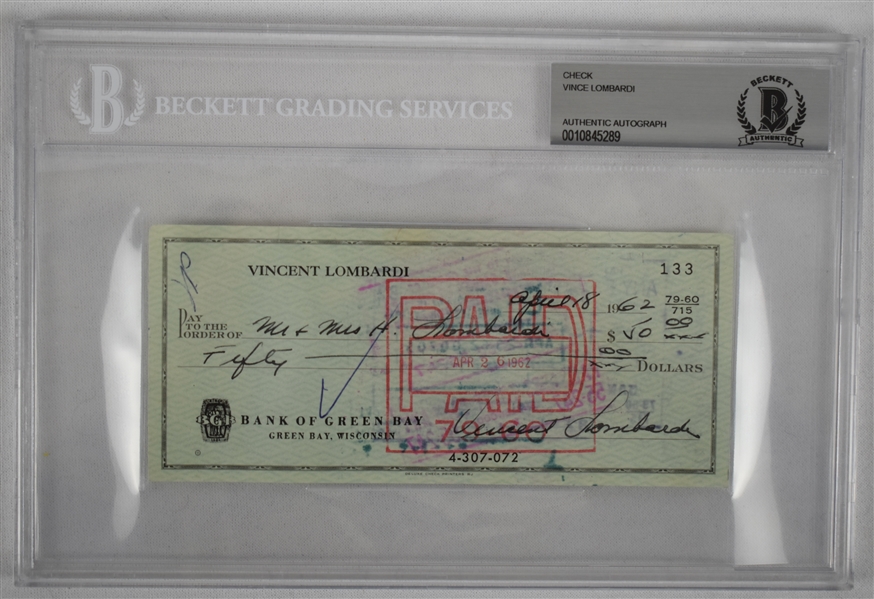 Vince Lombardi Signed 1962 Personal Check #133 BGS Authentic From 2nd NFL Championship Season *Twice Signed Lombardi*