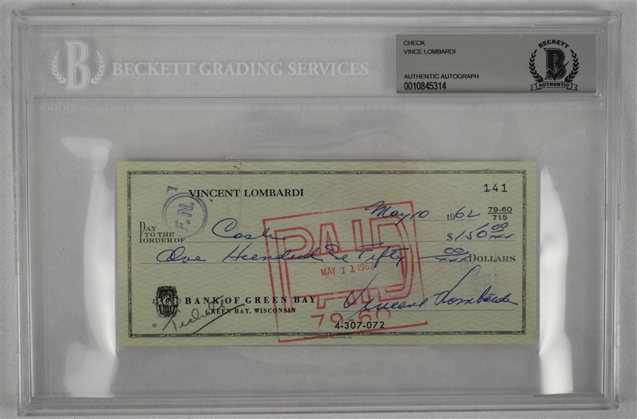 Vince Lombardi Signed 1962 Personal Check #141 BGS Authentic From 2nd NFL Championship Season