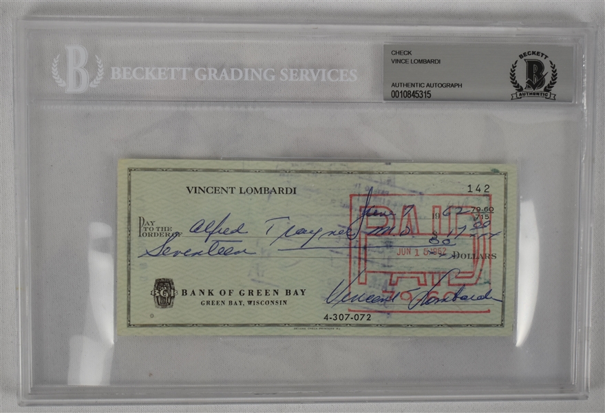 Vince Lombardi Signed 1962 Personal Check #142 BGS Authentic From 2nd NFL Championship Season
