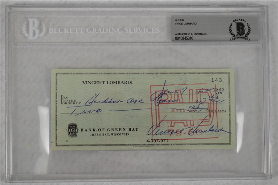 Vince Lombardi Signed 1962 Personal Check #143 BGS Authentic From 2nd NFL Championship Season