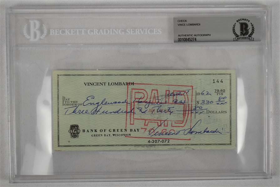 Vince Lombardi Signed 1962 Personal Check #144 BGS Authentic From 2nd NFL Championship Season
