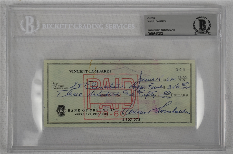 Vince Lombardi Signed 1962 Personal Check #145 BGS Authentic From 2nd NFL Championship Season