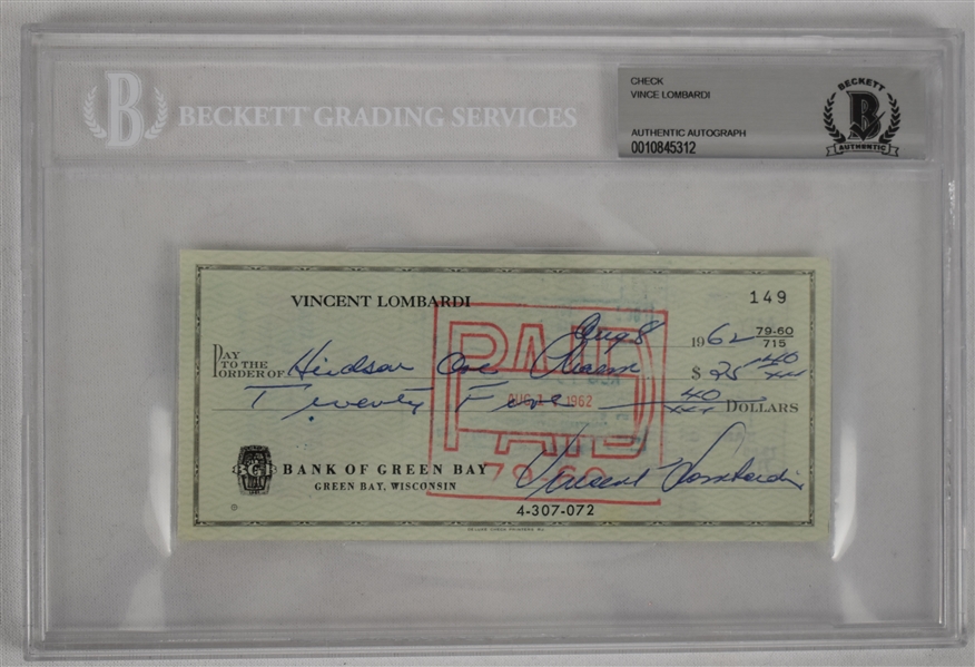 Vince Lombardi Signed 1962 Personal Check #149 BGS Authentic From 2nd NFL Championship Season