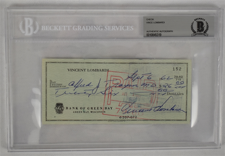 Vince Lombardi Signed 1962 Personal Check #152 BGS Authentic From 2nd NFL Championship Season