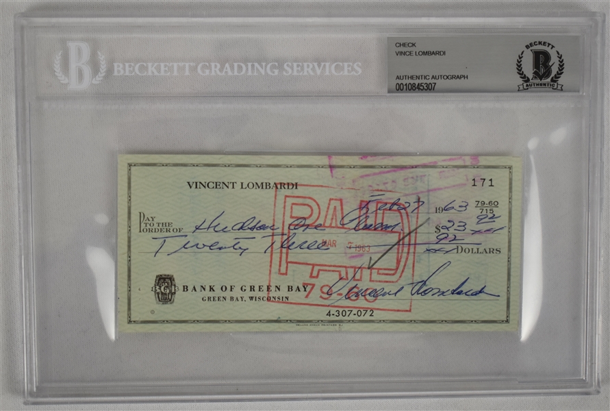 Vince Lombardi Signed 1963 Personal Check #171 BGS Authentic 