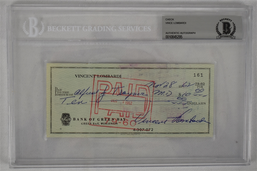 Vince Lombardi Signed 1962 Personal Check #161 BGS Authentic From 2nd NFL Championship Season