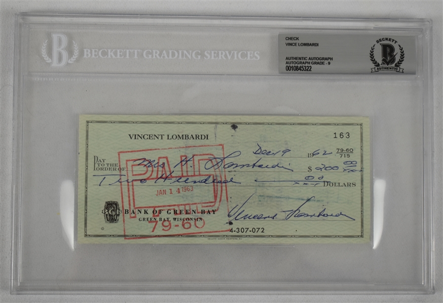 Vince Lombardi Signed 1962 Personal Check #163 BGS Authentic From 2nd NFL Championship Season *Twice Signed Lombardi*