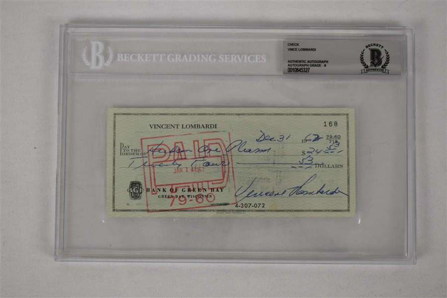 Vince Lombardi Signed 1962 Personal Check #168 BGS Authentic From 2nd NFL Championship Season