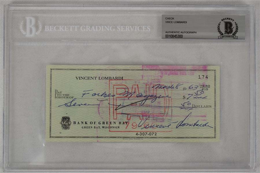 Vince Lombardi Signed 1963 Personal Check #174 BGS Authentic 