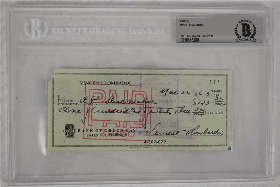 Vince Lombardi Signed 1963 Personal Check #177 BGS Authentic 