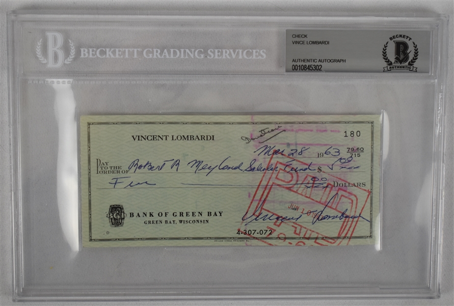 Vince Lombardi Signed 1963 Personal Check #180 BGS Authentic 
