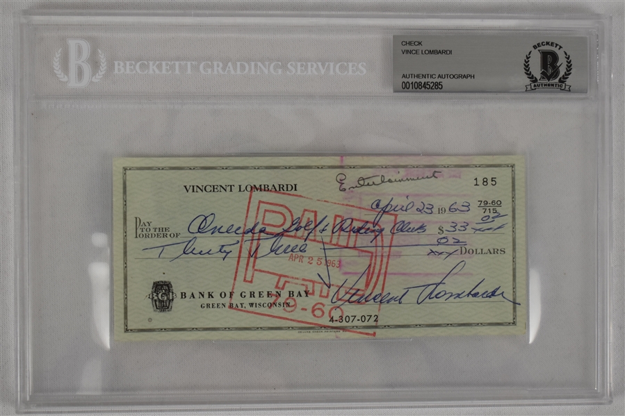 Vince Lombardi Signed 1963 Personal Check #185 BGS Authentic 
